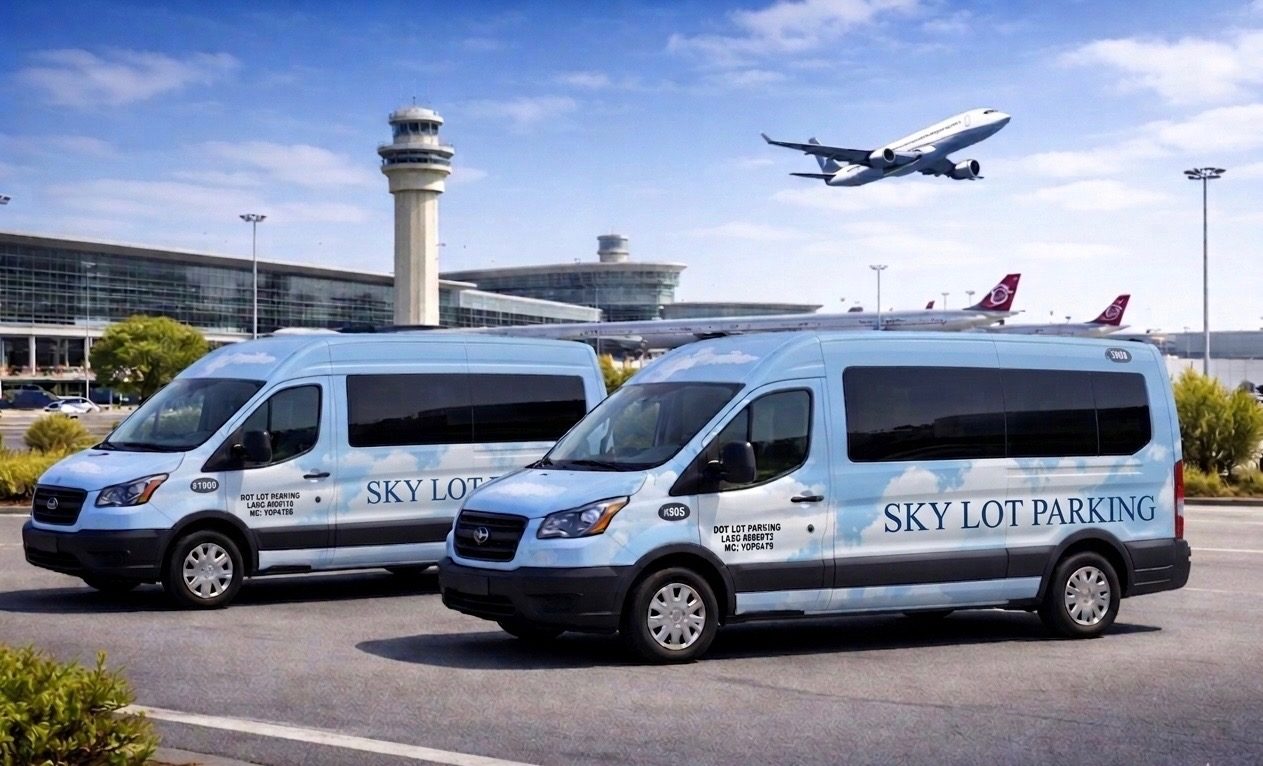 Skylot Parking shuttle vans ready to take frequent flyers to Atlanta airport