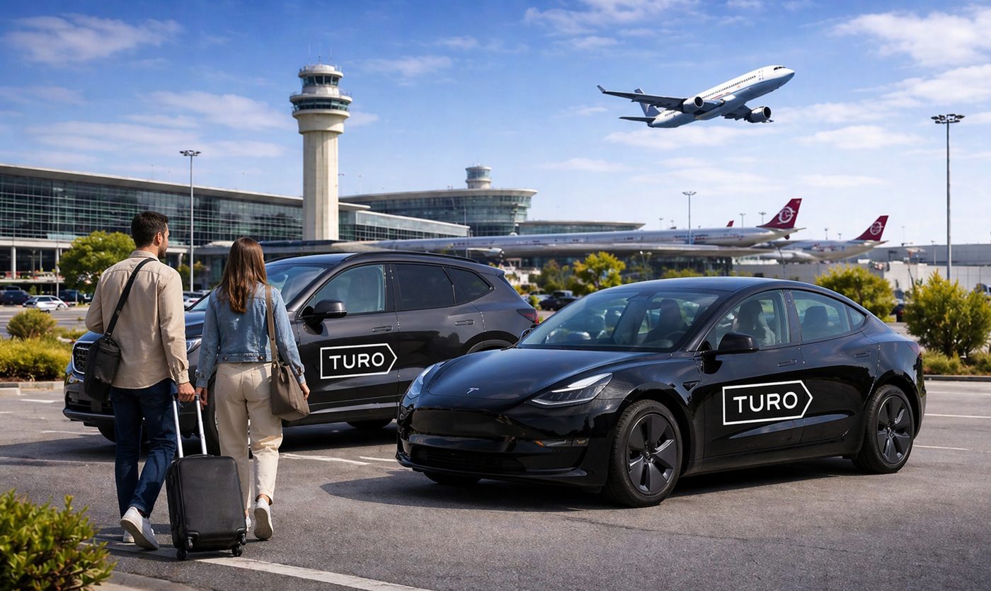 Turo host handing off a rental vehicle at Skylot Parking near Atlanta airport